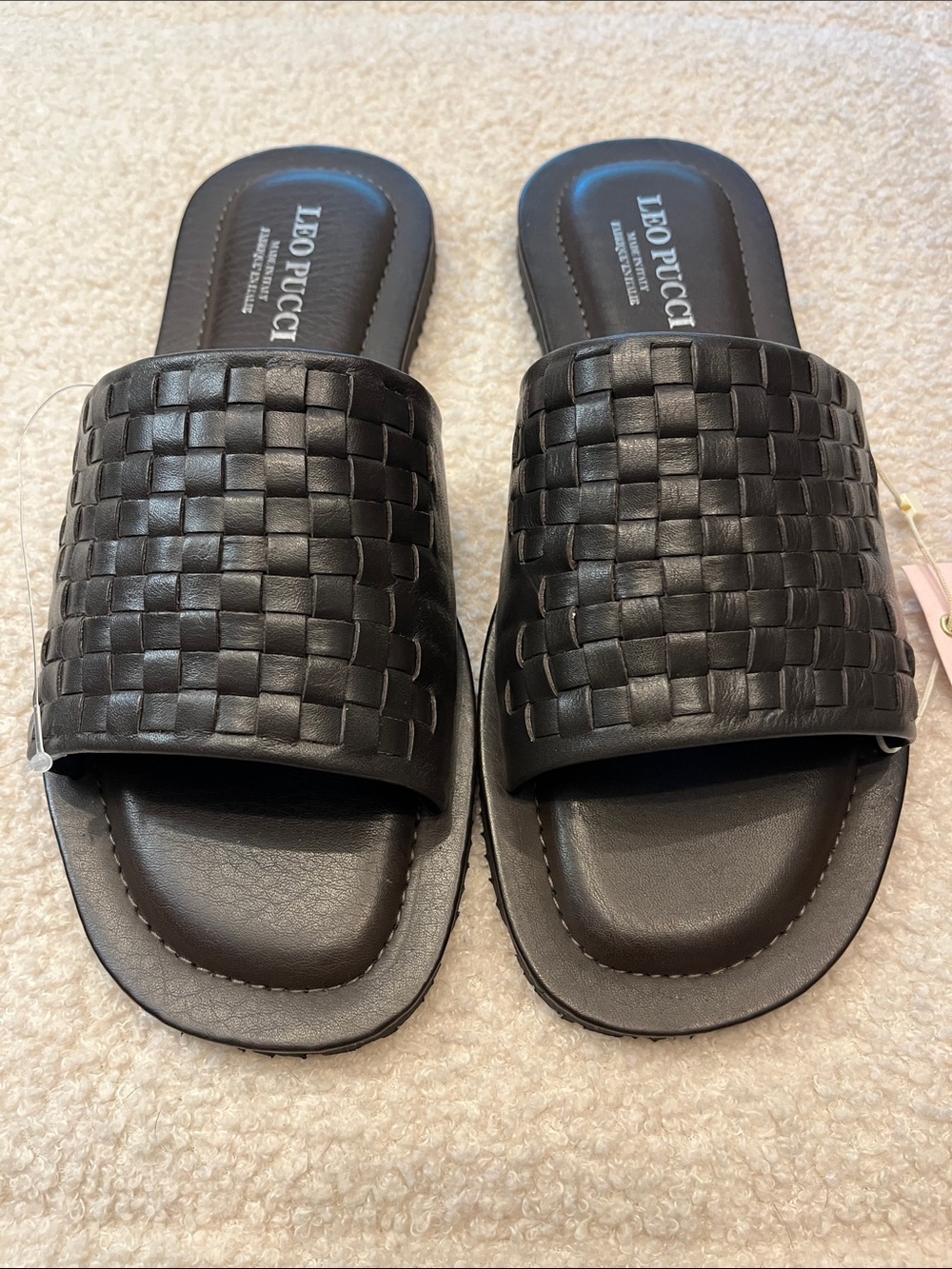 Leo Pucci 🇮🇹 Men's Black Woven Brown Leather Slide Sandals